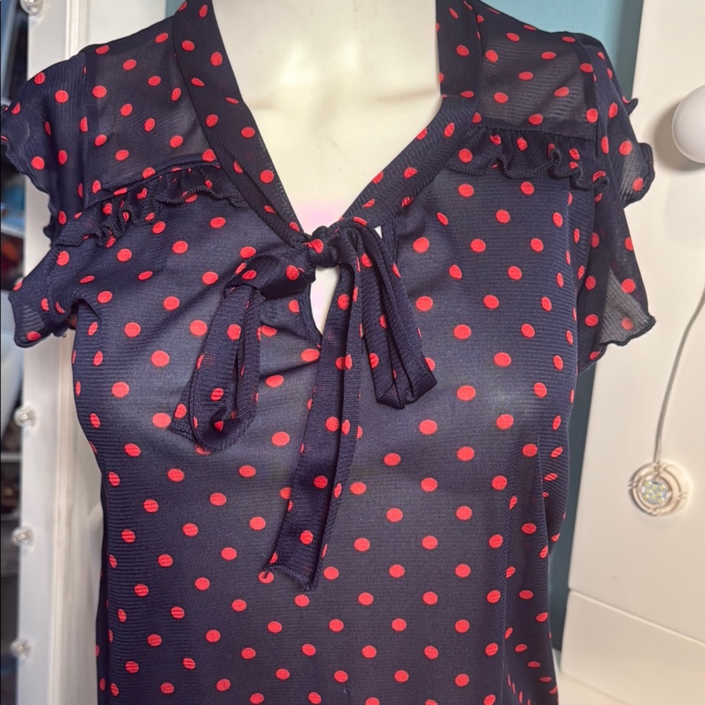 Navy Polka Dot Blouse vintage , size small/ medium 4/6 Women